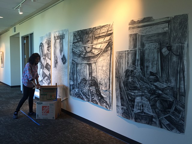 Displacement, installation shot, 6’x14’x2’, charcoal, ink, acrylic and tape on paper and boxes