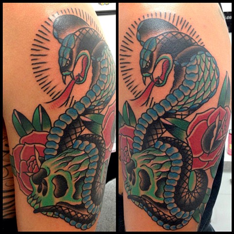 snake skull tattoo arm rose color traditional
