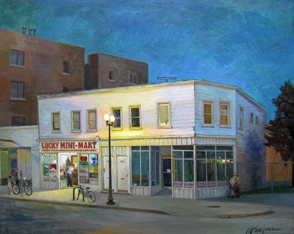 night scene of old frame building housing a convenience store, with customers coming and going by Mary Phelan
