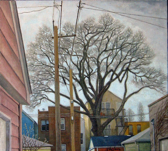 View of Chicago alley with garages, trees, electric wires, in very early spring by Mary Phelan