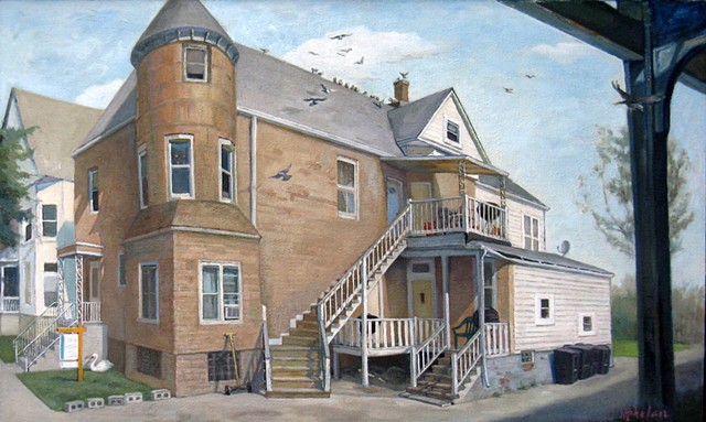 pigeons roosting on converted boarding house with many stairs and doors near el tracks by Mary Phelan