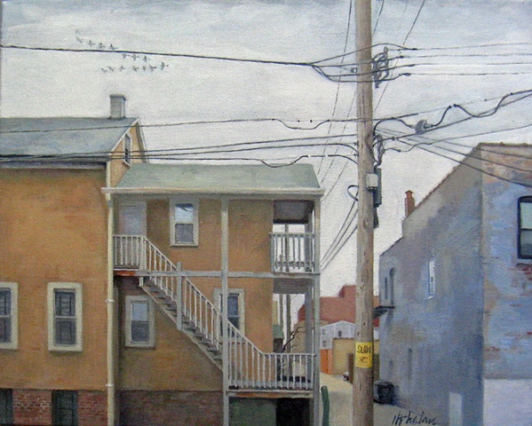 alley view of old coach house with factories, electric wires, and flying geese by Mary Phelan