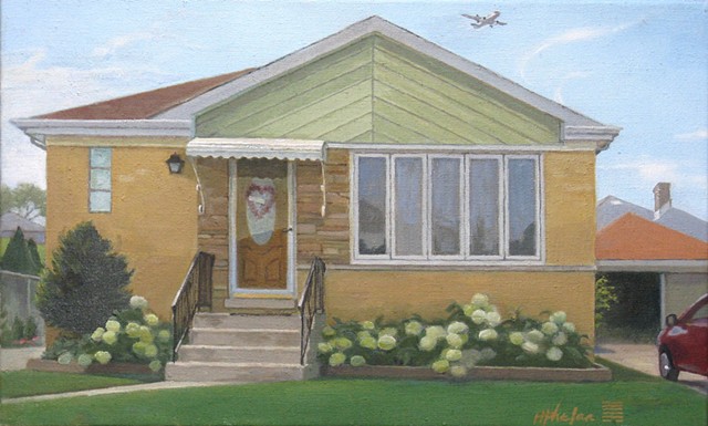 Middle-class Chicago bungalow with "Annabelle" hydrangeas and airplane.