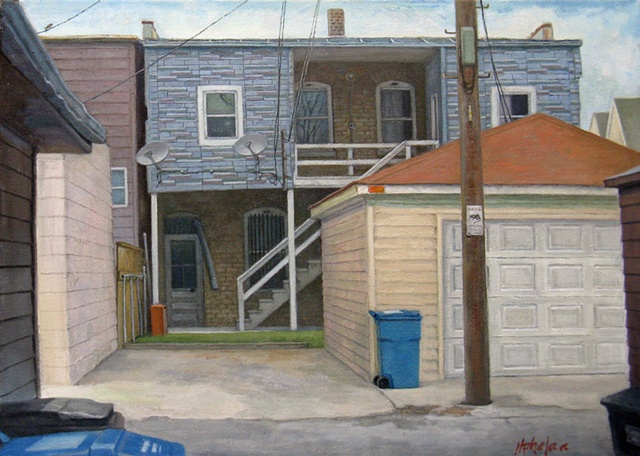 Chicago alley with garages, garbage cans, satellite dishes, backs of buildings with small lot by Mary Phelan