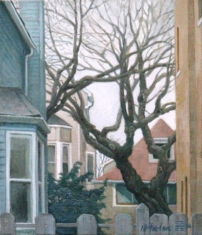 bare trees severely cropped by houses and fences by Mary H. Phelan 