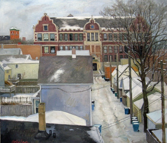 view from el tracks of Chicago alley with rooftops, trees and local school after winter snowfall by Mary Phelan