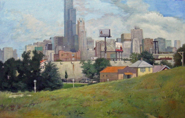 view of downtown Chicago from Bridgeport neighborhood (old quarry) by Mary Phelan