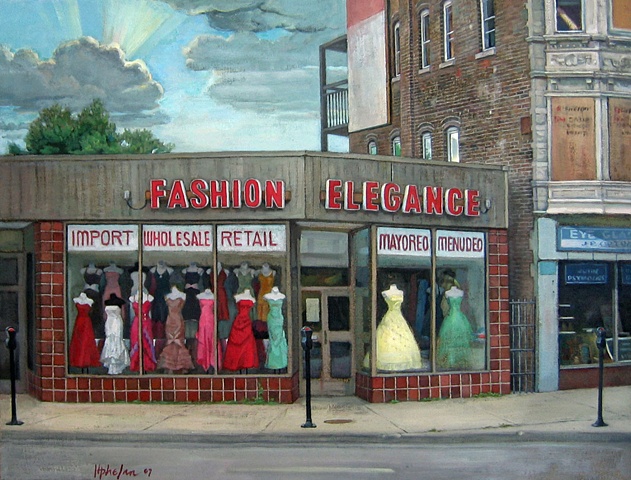  a fancy neighborhood dress shop in humble surroundings, Chicago, by Mary Phelan