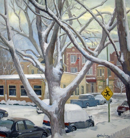 street viewed  through tree limbs after heavy snow by Mary Phelan