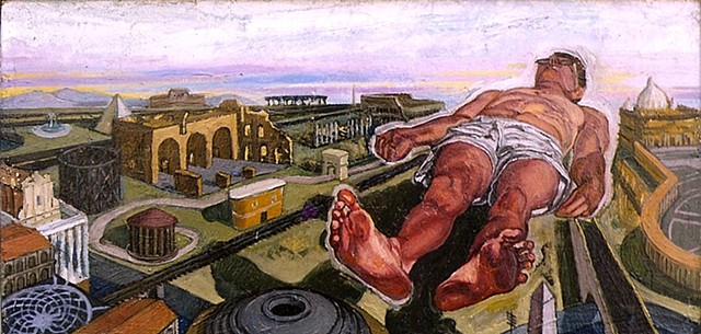 painting of giant figure floating over Rome by Margaret McCann