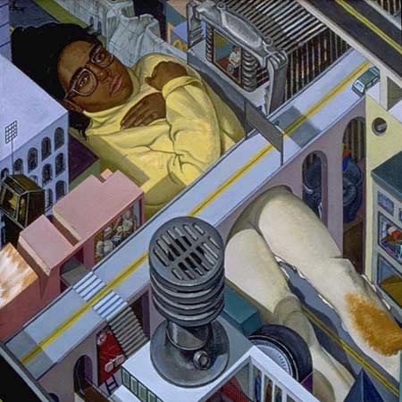 painting of giant figure in NYC cityscape (title from Grandmaster Flash Furious 5) by Margaret McCann