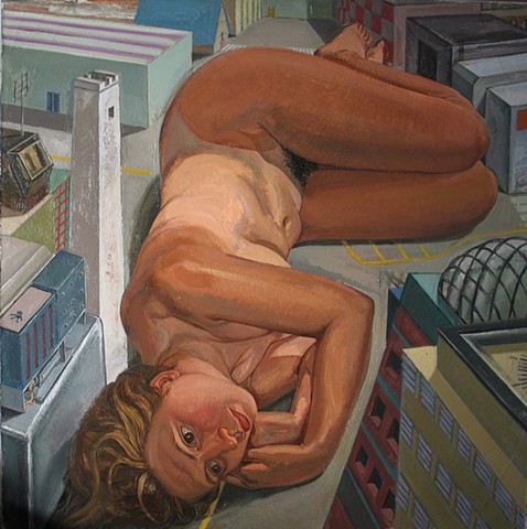 painting of giant figurec in cityscape by Margaret McCann