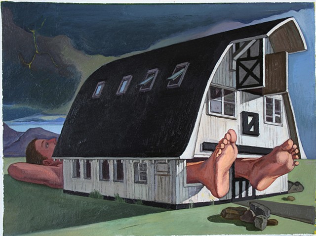 painting of giant figure (model was writer Ann Patchett) in landscape (Millay colony barn) by Margaret McCann