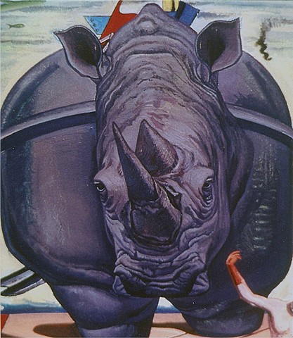 painting of giant rinoceros as Max Ernst (L'elefante celebes)  by Margaret McCann