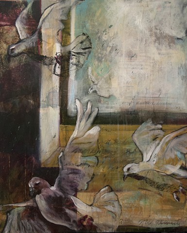 figurative, painting, acrylic, collage, doves, shadows, cool palette, window