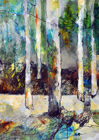 figurative, abstract, texture, color, graphite, trees, cool palette, nature