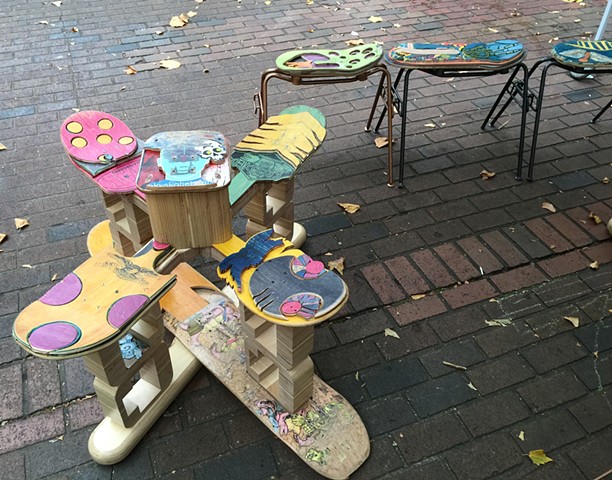 Recycled Skate Board seating or bench. Sculptural furniture. Colorful and unique art.