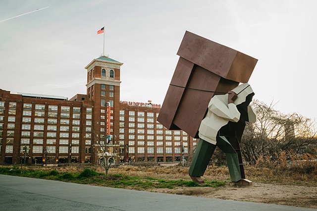Mike Wsol's sculpture Laborer as part of Art on the Beltline in front of Ponce City Market in Atlanta, GA
