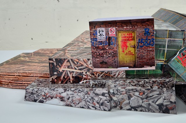Photo-collage sculpture using worksite textures from Chongqing, China.