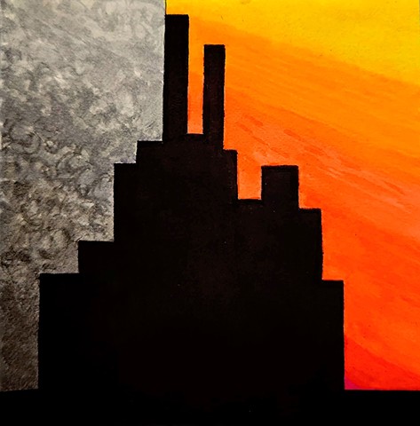 Simplified skyline that can be viewed in 3 different orientations. The main color blocks are black, a sunset-colored gradient, and a gradient of light gray to black. They can read either as sky or building, depending upon how they are rotated.