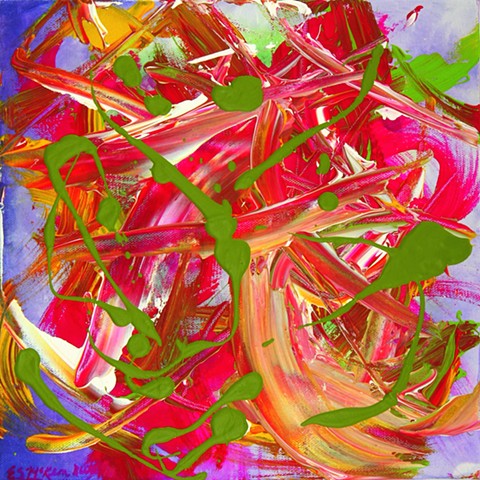 vivid magenta, spring green, violet, and white swirls and splashes leap around a canvas celebrating the beauty of Spring.