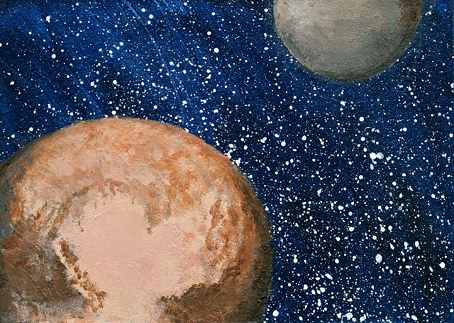 space, astronomy, planets, moon, Pluto, charon, cosmic, universe, sciart, art, painting, science, solar system, dwarf planet, art science, science art, sci-art