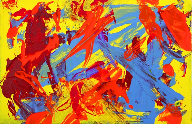 WOKE is a vivid abstract high-energy painting featuring slashes of neon orange color zapping their way across a bright yellow background, with a soothing medium blue and dark red supporting the energetic colors