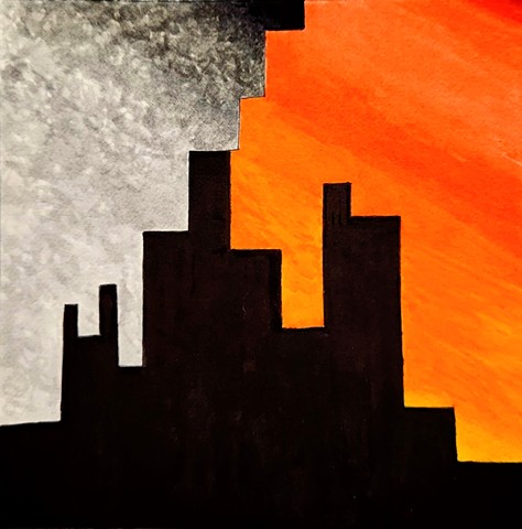 Simplified skyline that can be viewed either right side up or upside down; one view is a sunset gradient; the other is a gradient of light gray to black.
