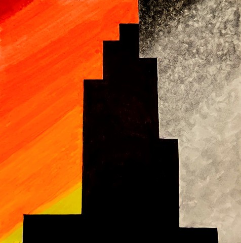 Simplified skyline that can be viewed in all 4 orientations. The main color blocks are black, a sunset-colored gradient, and a gradient of light gray to black. They can read either as sky or building, depending upon how they are rotated.