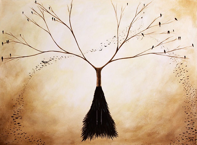 Murder of Crows, Crow Painting, Crows in Tree, Birds in Tree, Woman and Trees, tree woman, raven, crow, black bird, black feather dress
