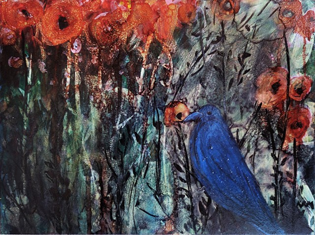 blue yellow flower painting, wyoming artist, resistance art, four years of flowers, bird painting, bird art, blue bird wyoming