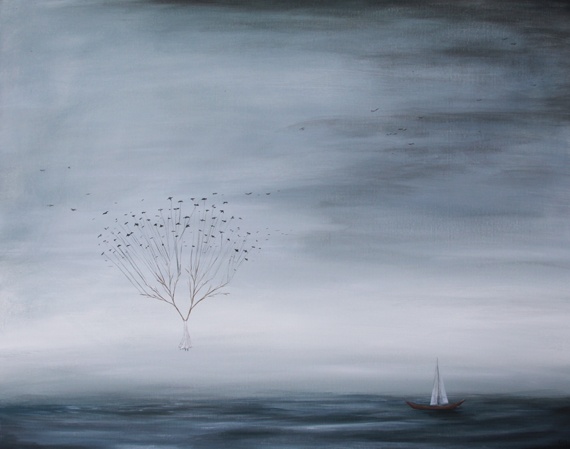 nautical art, tree in ocean, water and tree painting, floating above water, birds over water