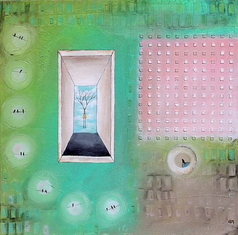surrealist door into open sky with woman and birds on a wire, pink blue green painting