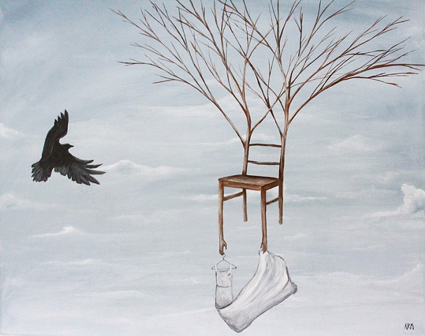cloud painting, chair painting, tree chair, dress chair, crow raven art