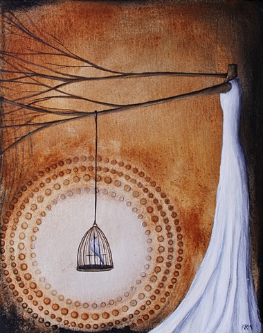 tree woman, bird in cage, art with trees and women, tree painting, sepia brown