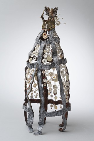 EvocativeFigurelessGarment by LindaMaeTratechaud, Bronze, Sculpture, Buttons, Shells, Woven Wire, Moroccan Wedding Blanket