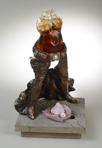 EvocativeFigurelessGarment by LindaMaeTratechaud, Sculpture, Bronze, Glass, Condom, Birth Control, Feminist Warrior
