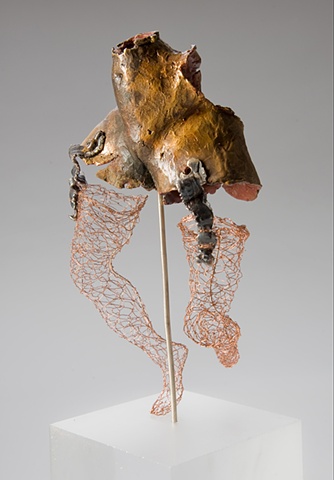 EvocativeFigurelessGarment by LindaMaeTratechaud, Bronze Sculpture, Woven Wire, Girdle, Trucker's Mudd Flaps