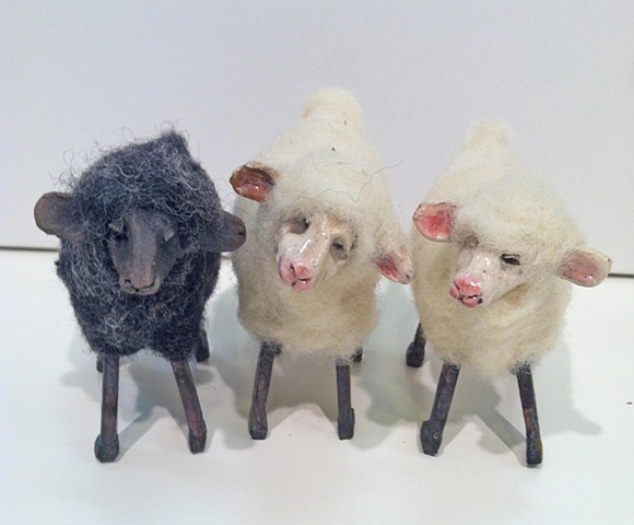 ceramic and needle felted wooly sheep:lisa schumaier