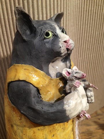 14" raku ceramic cat with mouse - lisa schumaier