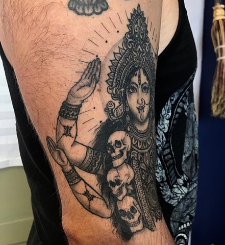 this is a tattoo of kali the divine mother of the universe fully healed and done in black and grey with lots of detail by amanda marie female tattoo artist in Los Angeles California in ace of wands in San Pedro private tattoo studio and sacred space 