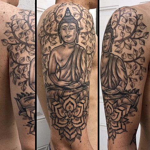 buddha spiritual tattoo done by Amanda Marie female tattooer and owner of ace of wands private tattoo studio in san pedro Los Angeles California 