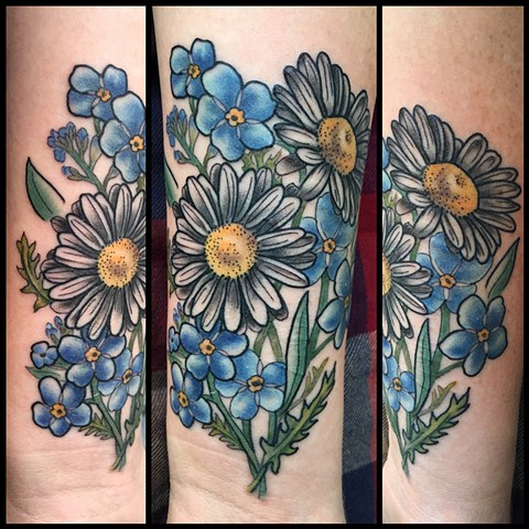 this is a color tattoo of flowers done by amanda marie lady tattooer in los angeles california at her private tattoo studio ace of wands in San Pedro  