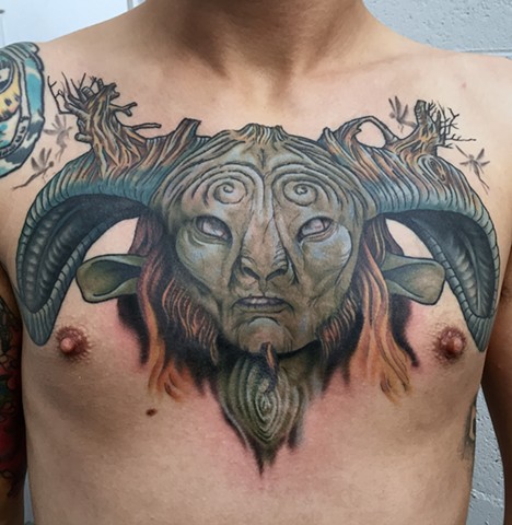 this is a tattoo of pan from pans labyrinth done in color by amanda marie tattooer in los angeles california at evermore tattoo