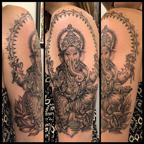 this is a tattoo of ganesha done in black and grey by amanda marie tattooer in los angeles california at evermore tattoo 