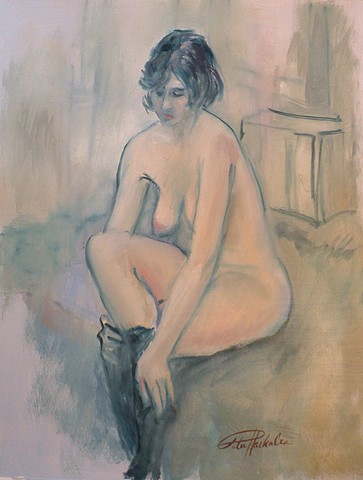 seated female nude, loose, calligraphic, soft lavender-grays