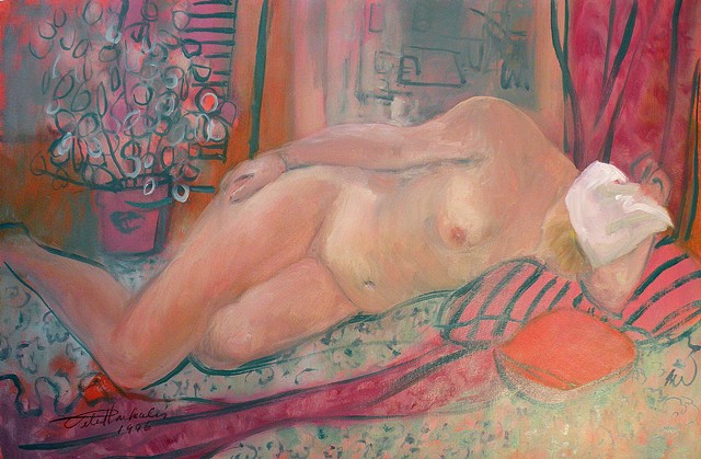 reclining nude, soft, pastel quality, rose colors with greens, white scarf