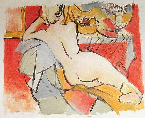 modern art, female nude, back view in front of a mirror, reds and teals