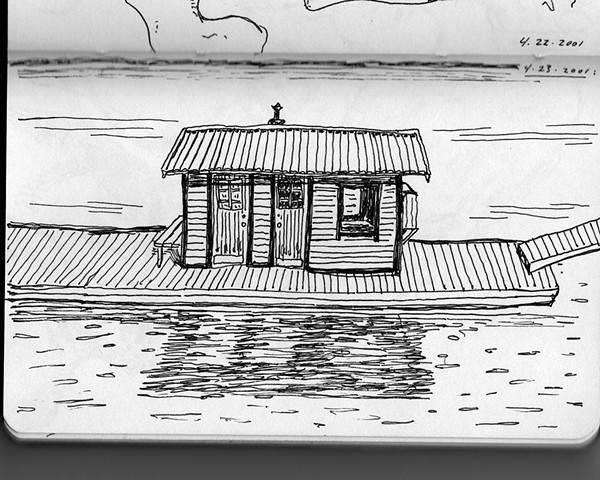 sketchbook drawing pen and ink Swedish houseboat