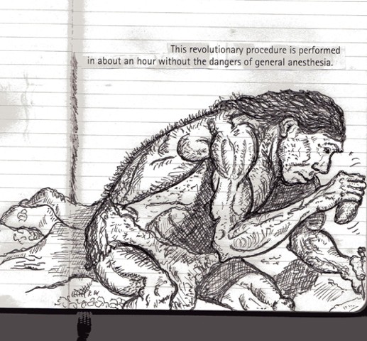sketchbook drawing pen and ink Neanderthal trepaning